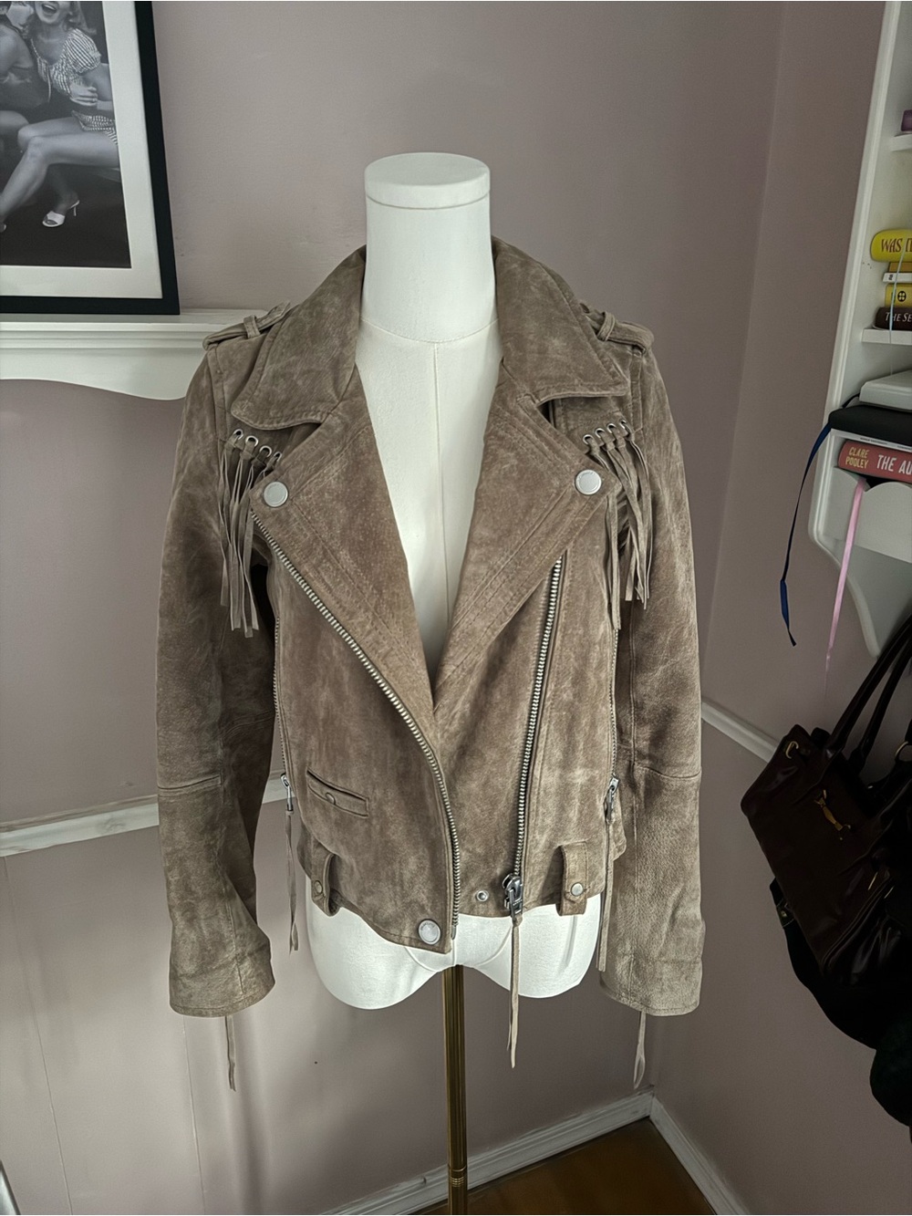 Revolve/Blank NYC Taupe Suede Fringe Moto Jacket